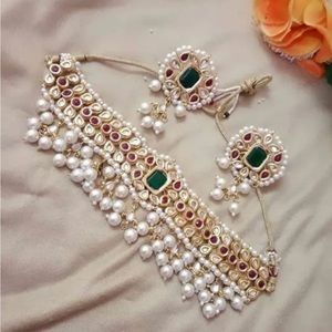 Indian Bollywood Ethnic Women Gold Plated Pearl Choker Jewelry Necklace Set